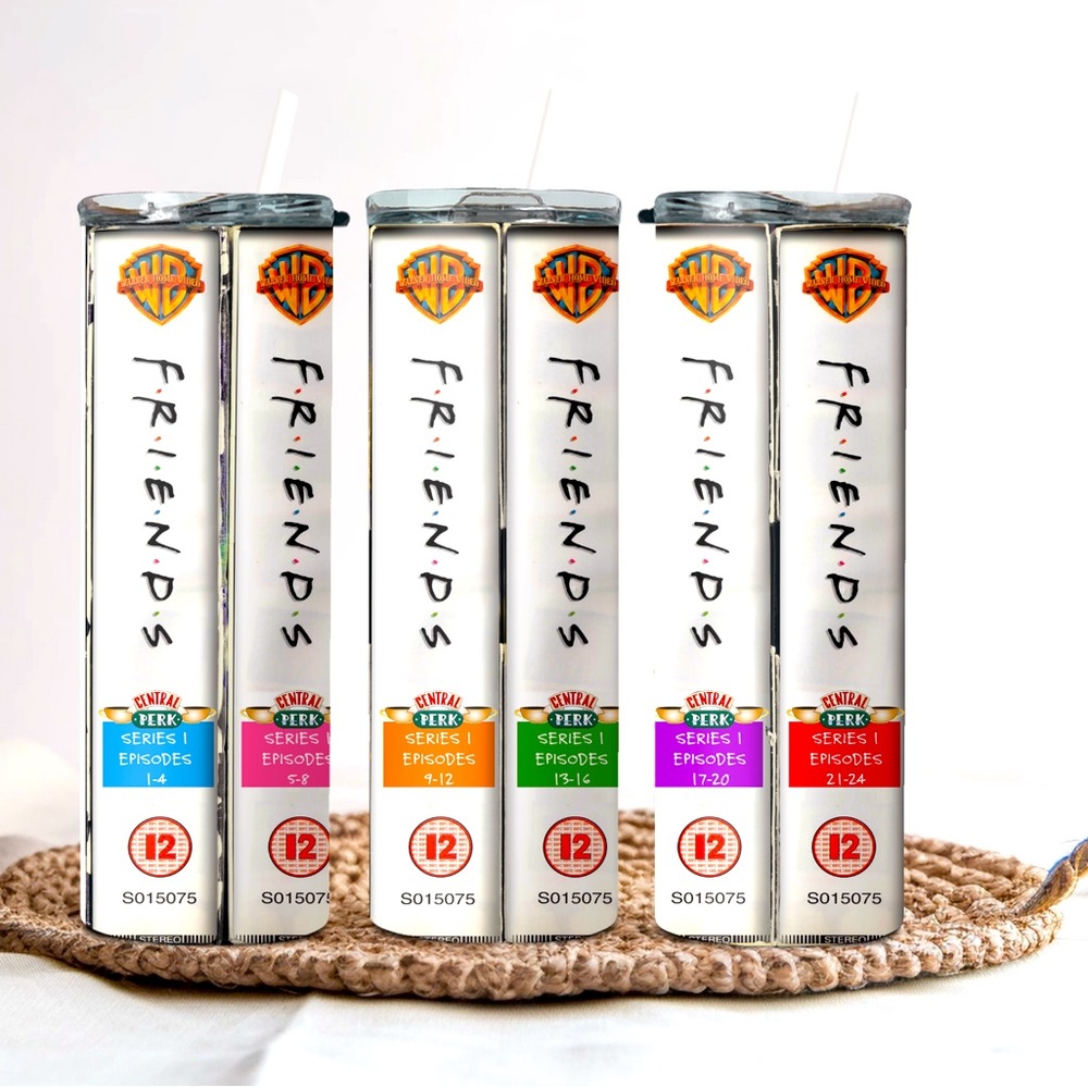 Friends tv show tumbler with lid and straw.